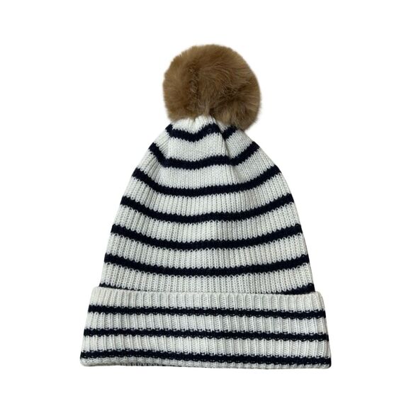 Loft Knit Pom Pom Beanie Toboggan Hat One Size Navy White Striped - Picture 1 of 2